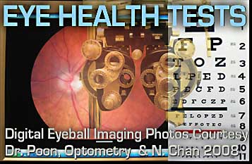 Eye testing equipment used by optometrists and opthamologists  range from current digizted images of eye ball to more traditional glass lens changing  and eye chart on walll  equipment - this is courtesy of Dr. John Poon, Harborshid Optometry Clinic in Victoria and photos by Neal Chan