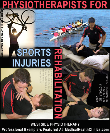 Physiotherapy Clinics - photo collage of 2 physios demonstrating work on arms and upper back stretch manipulations - Victoria Physiotherapists Crhis M. & Fareley V. work lot with sports injuries n